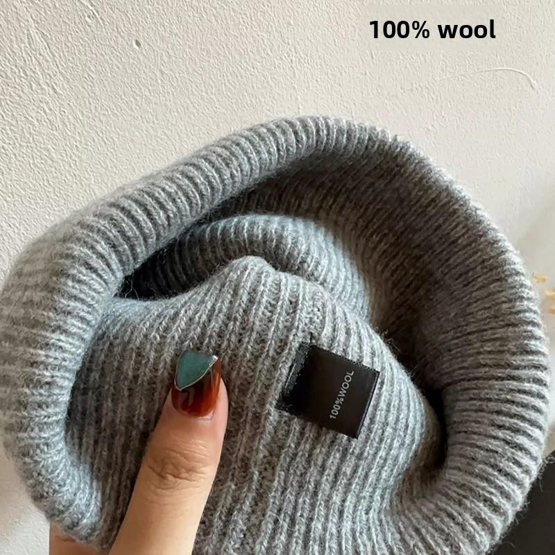 High-Quality 100% Pure Wool Winter'S Knitted Hat Women Solid Color Double-Layer Warm Soft Wollen Beanies Y2K Bonnet Skullies Cap