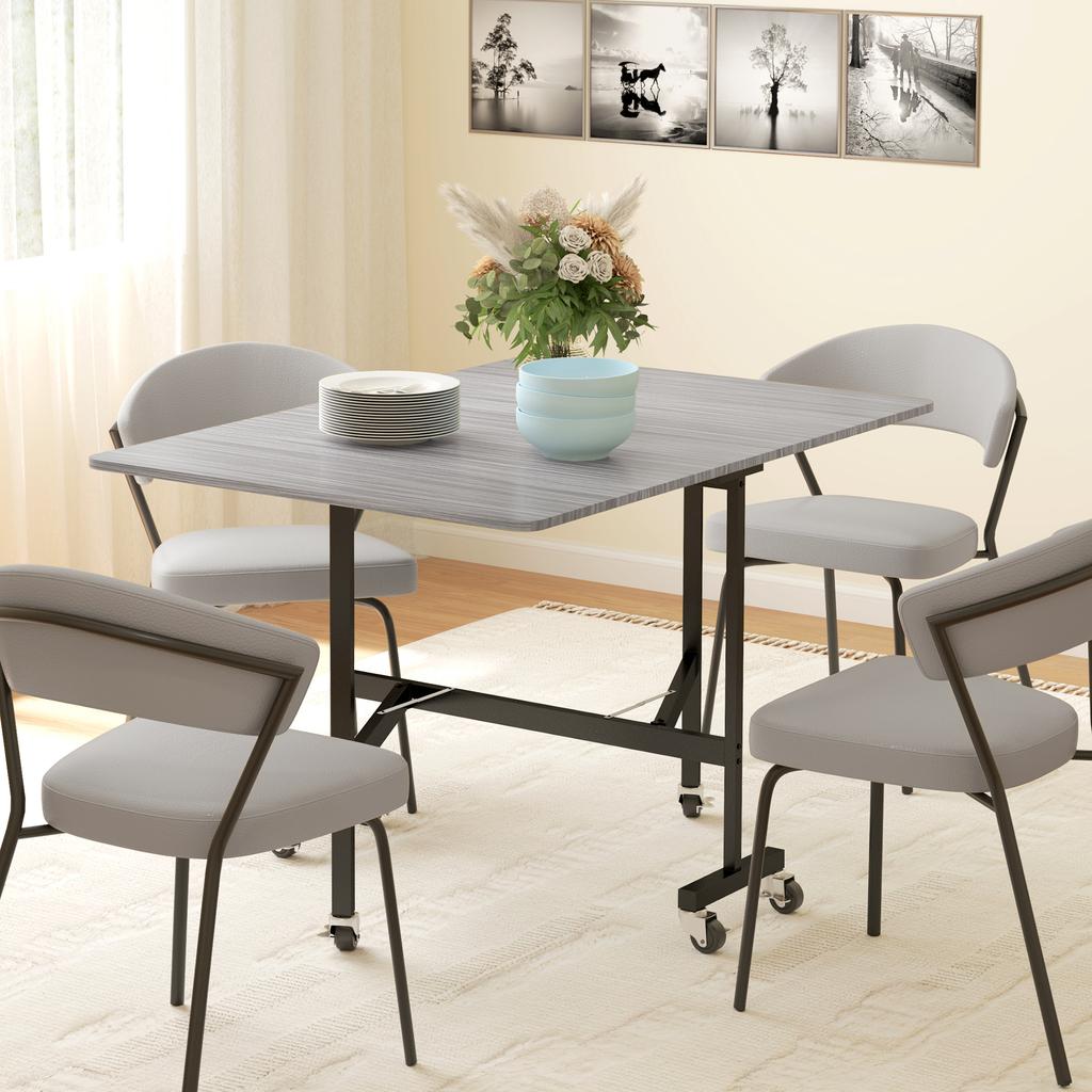 Folding Dining Table on Wheels, 4-6 People, 120 cm, Braked Wheels, 2 Drop Leaves, Industrial, Grey