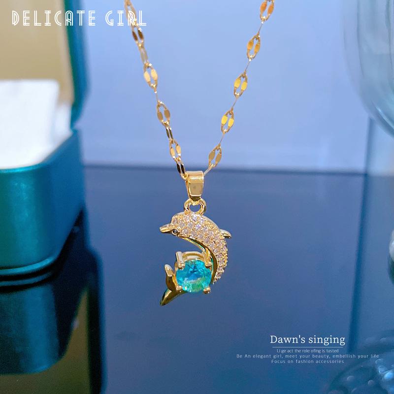 Simple Temperament Zircon Dolphin Blue Clavicle Chain Small Retro Necklace Female