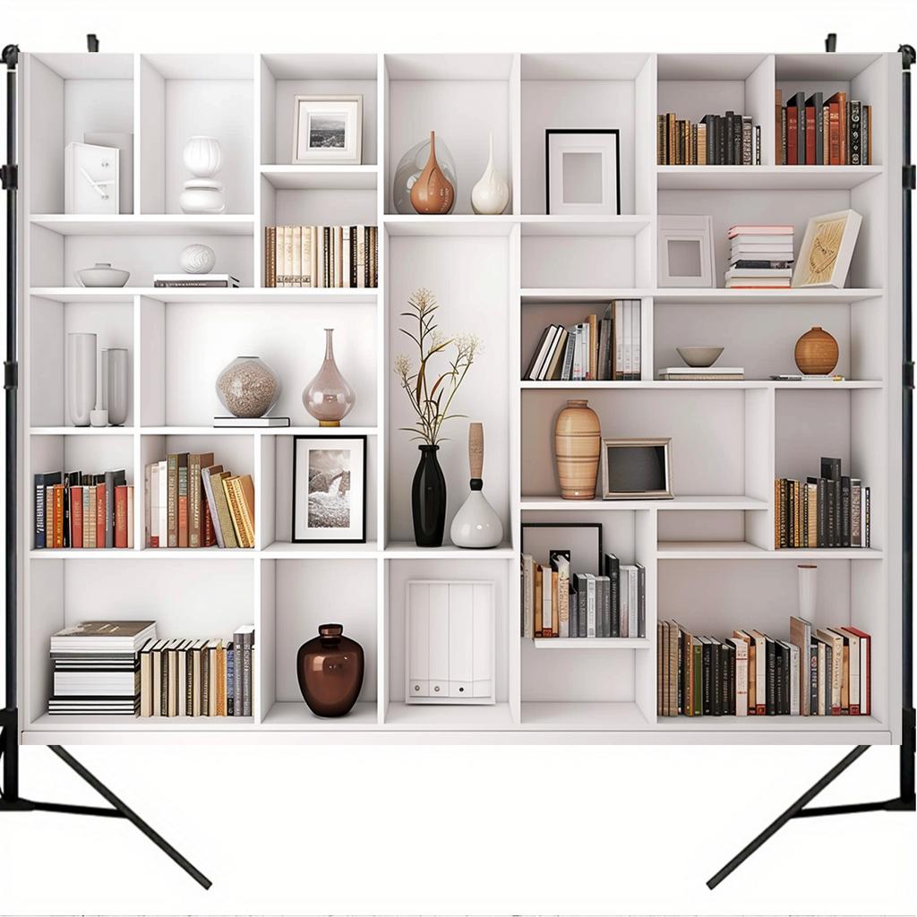 The multifunctional white bookshelf and office background are very suitable for video conferencing and home decoration