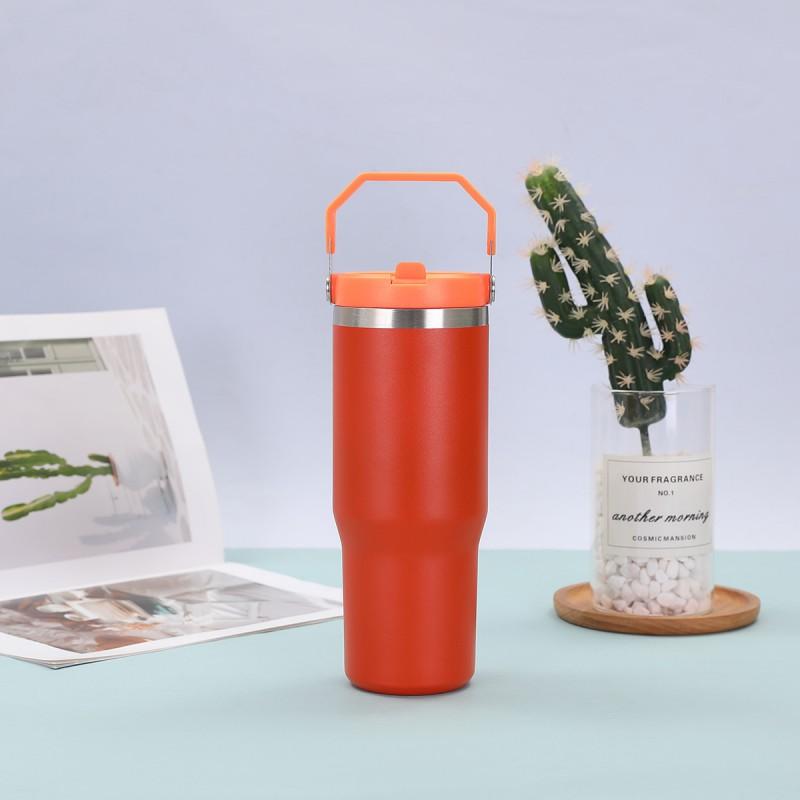 30 Oz Stainless Steel Travel Tumbler With Handle Straw Lid Car Outdoor Use Insulated Water Bottle