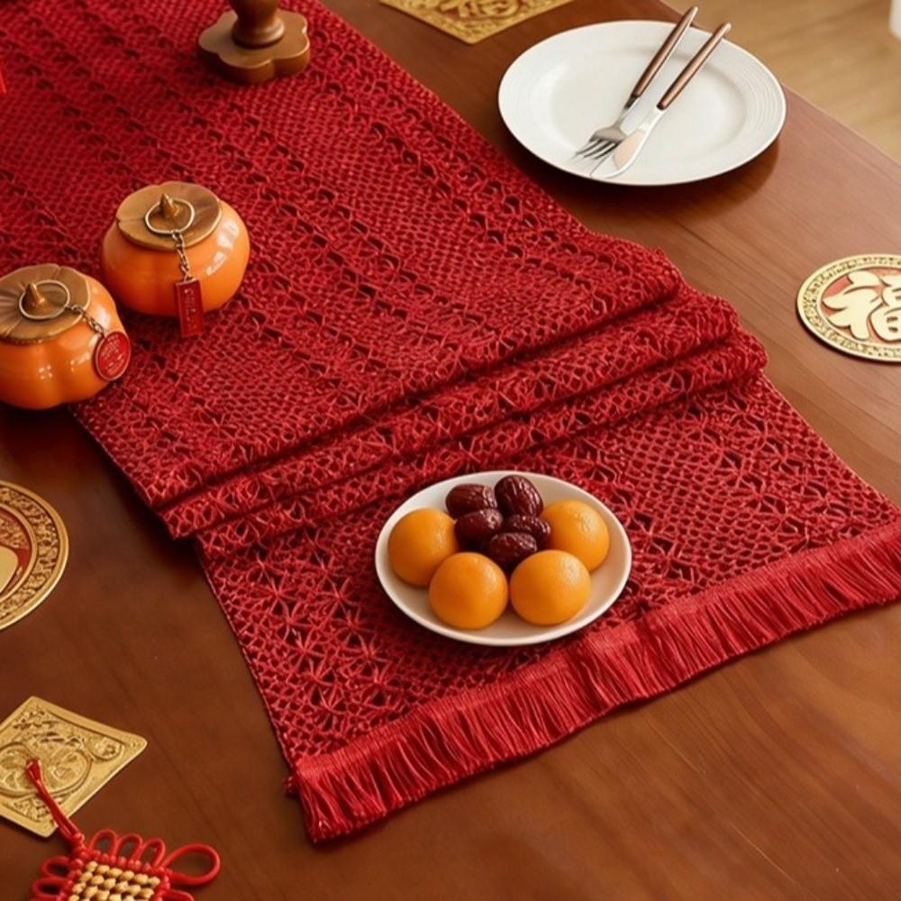 Traditional Chinese New Year Table Runner Long Strip Decorative Hollowed-out Tassels Runner Vintage Elegant Table Flag
