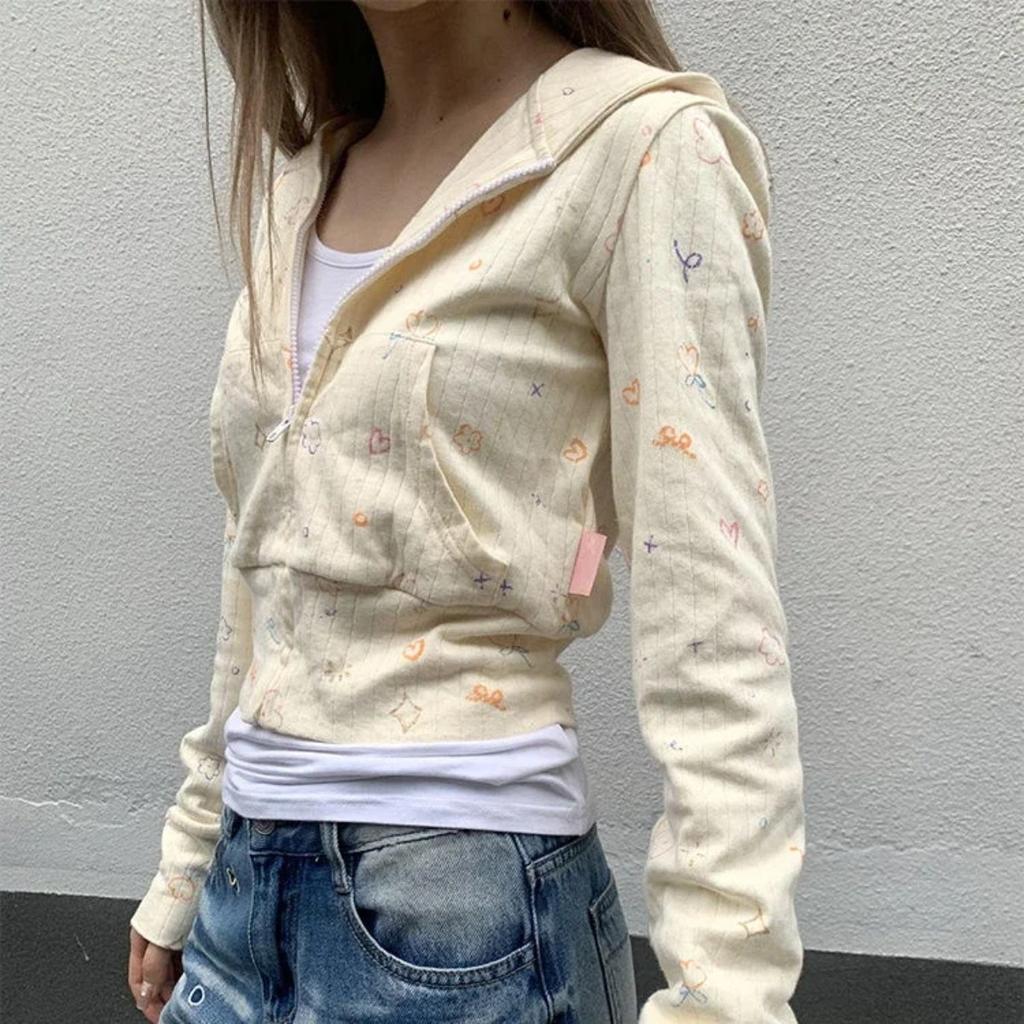 VAYLA Süße Sweatshirts mit floralem Print, neue Slim-Fit-Oberteile für Damen, Y2k Grunge, langärmlige Cardigan-Jacken mit Reißverschluss