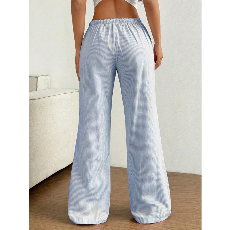 New Summer Striped Straight Trousers  Casual  Versatile  Lace-up  Fashionable  Loose  Wide-legged for Women