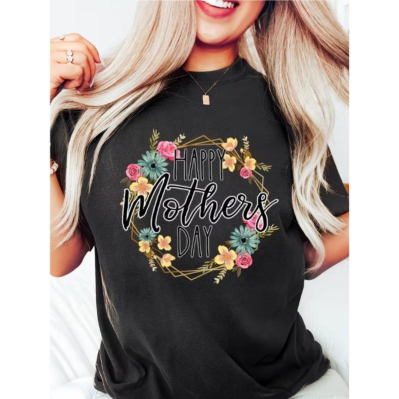 Happy Mother'S Day Floral Heart Print T-shirt. Women'S Summer White Crew Neck Short Sleeve T-Shirt, Casual Short Sleeve Tee.