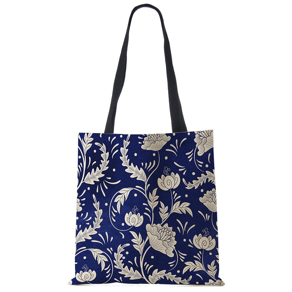 Vintage Print Casual Shoulder Bag Flowers Leaves Women Shopping Reusable Handbag Large Capacity Canvas Travel Beach Tote Bags CLE