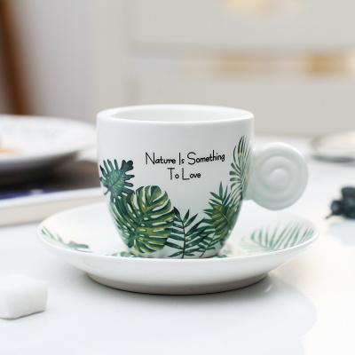90ml Ceramics Coffee Cup And Saucer Set Nordic Fresh Cafe Drinkware Plant Monstera Office Mug Milk ESPRESSO SHOT Teacup For Girl