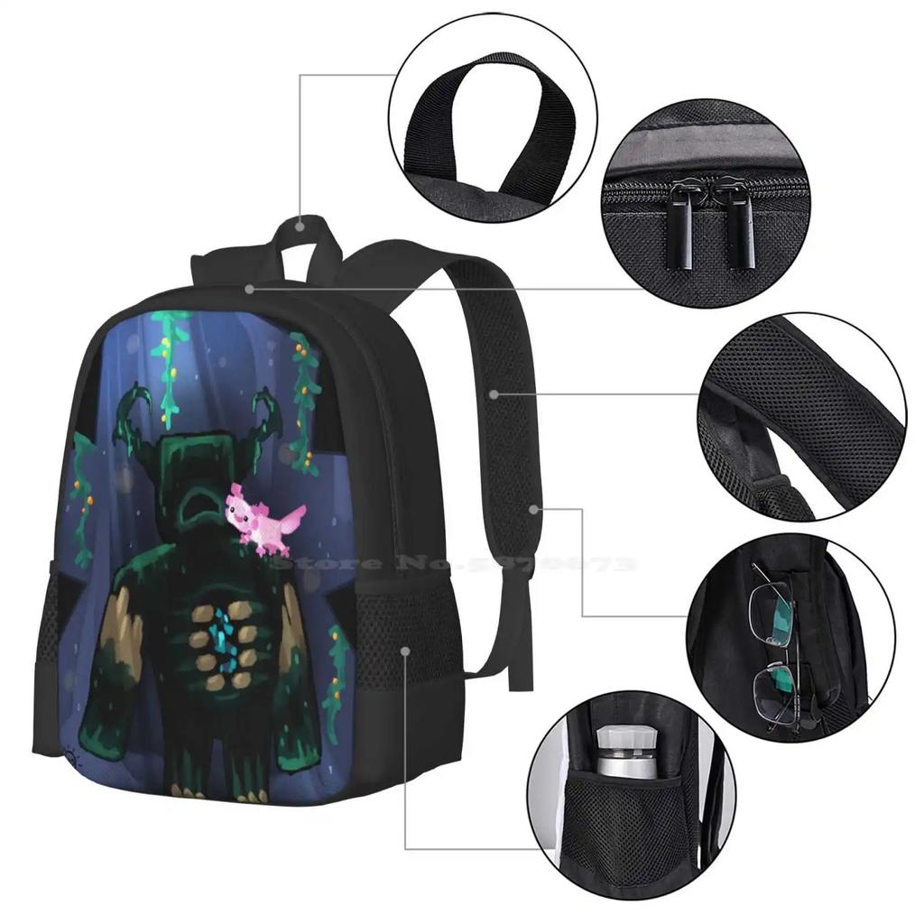 Warden N Axolotl Large Capacity School Backpack Laptop Bags Warden Axolotl Cliffs Caves Video Game Cute