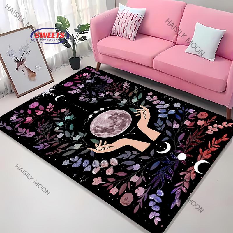 3D Himmlischer & Floraler Kunstbereichsteppich – Rutschfester Teppich für Schlafzimmer oder Wohnzimmer – Mond Sonne Blume Totem Bodenmatte, Heimdekor