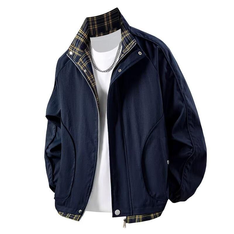 Mens Plaid Stand Collar Casual Jacket Slim Fit High Grade Outerwear