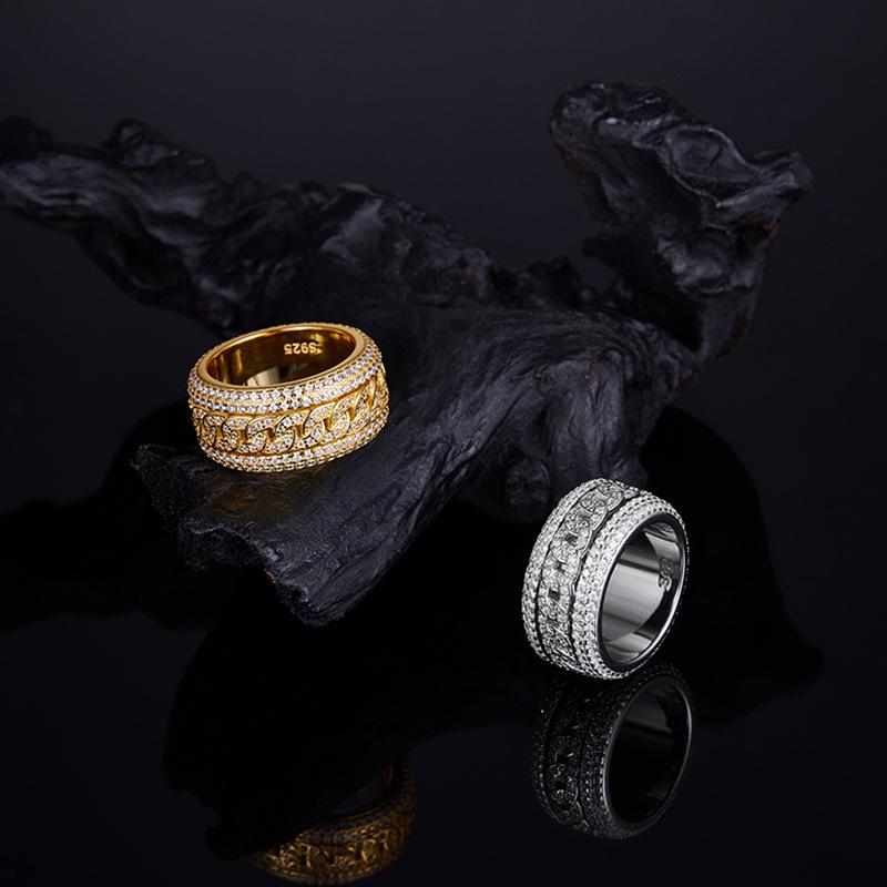 European Hip Hop Sterling Silver Men's Moissanite Rotatable Ring, Gold-Plated Trendsetter Fashion.