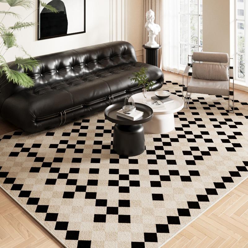 Living Room Carpet Large Size Bedside Floor Mat Checkerboard Plaid Carpets Home Decoration Rug Light Brown Rugs French Style