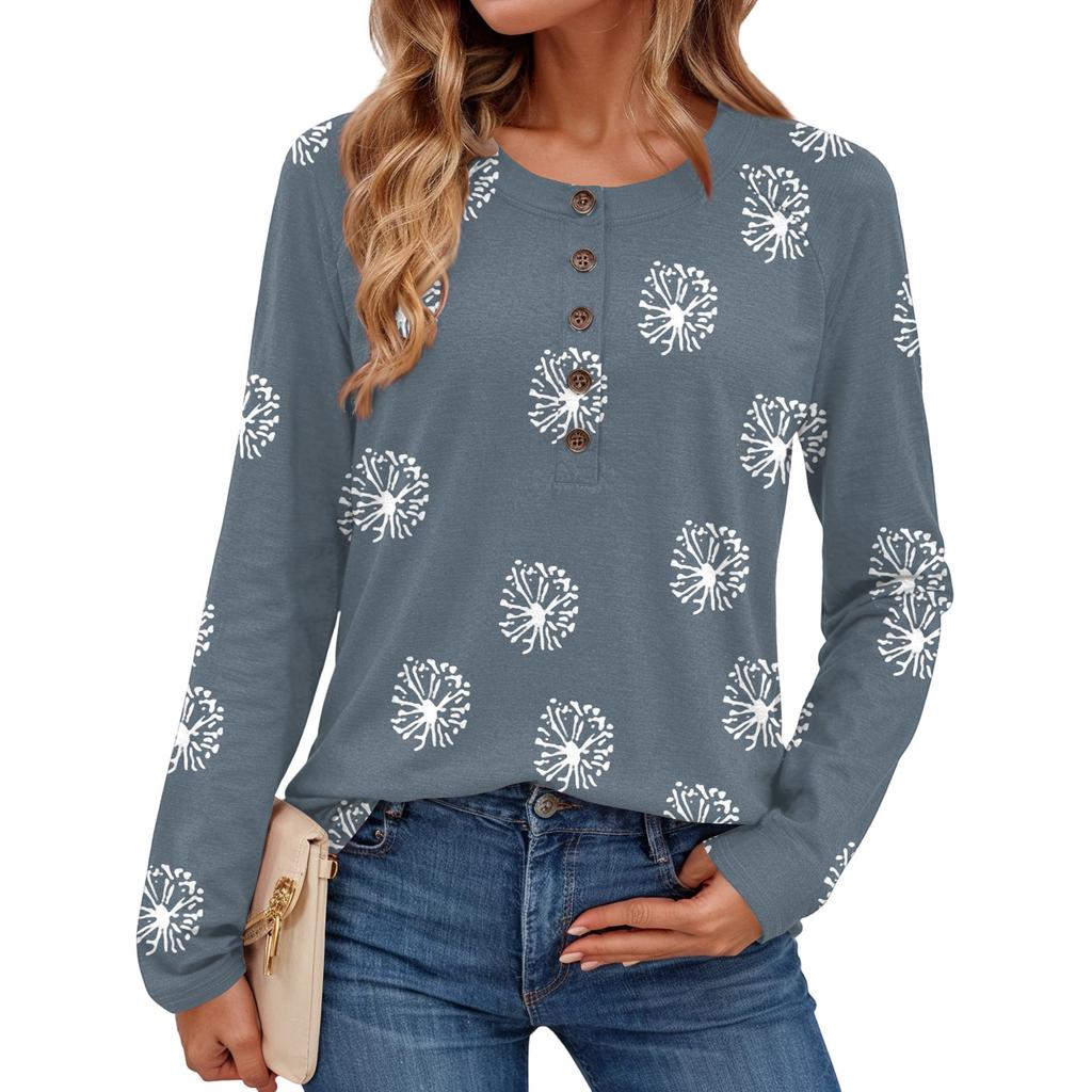 Damen Modisches Vintage Floral Print Rundhals Langarm Oberteil