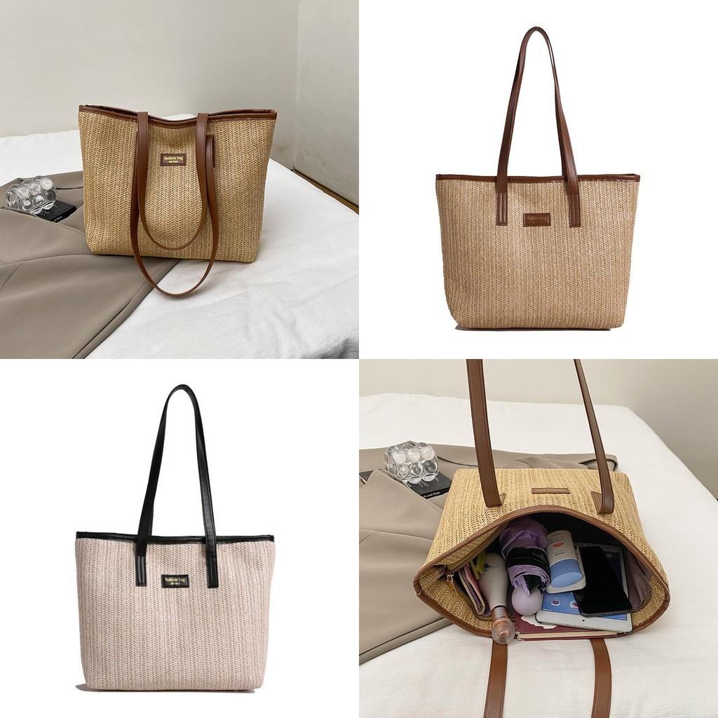 Borsa a Spalla Grande in Rattan Intrecciato con Tasche Interne per Street Style