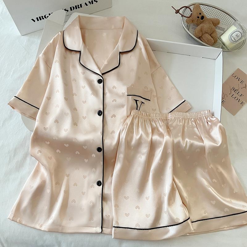 French High-Value Simple Love Jacquard Design Feeling Ice Silk Pajamas Women'S Short-Sleeved Set Loungewear