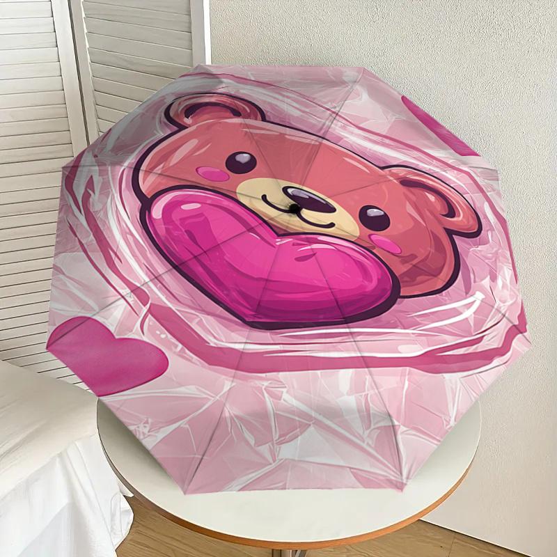 Teddy Bear Heart Shaped Automatic Opening/Closing Umbrella with Foldable Design, Iron Frame for Outdoor Use, Perfect Gift for Fans, Traveler