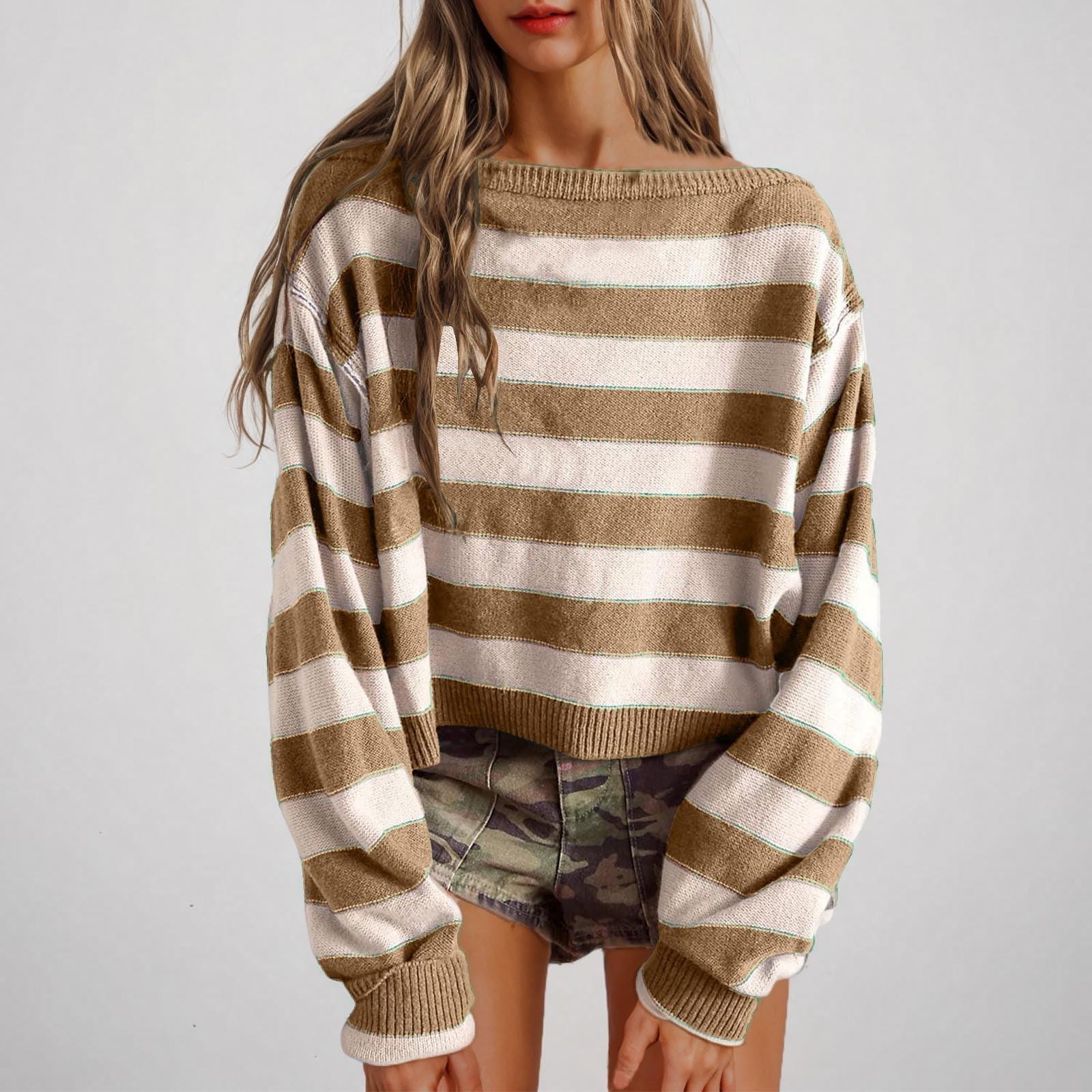 

Жіночі светри оверсайз у смужку з довгим рукавом, з круглим вирізом, великої в язки, трендові осінні пуловери XL хакі