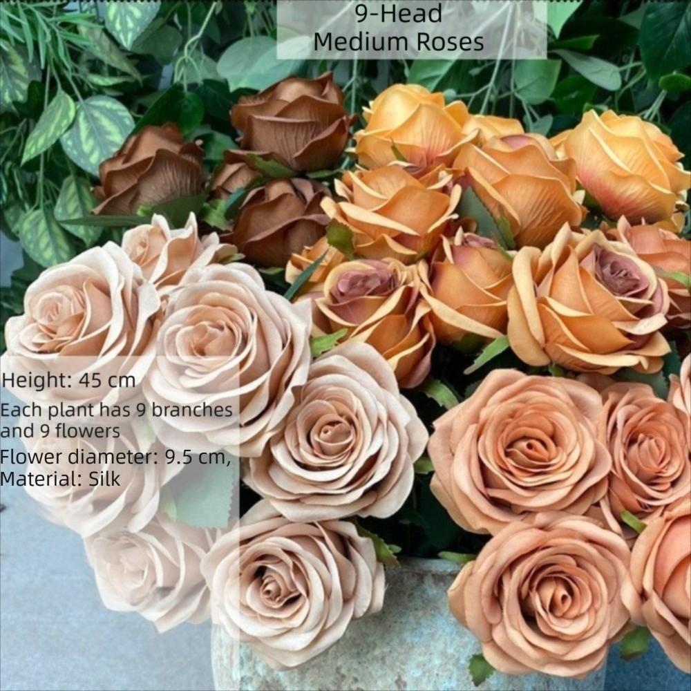 9 Heads Rose Bouquet Retro Style Realistic Design Simulated Flowers Multi Head Colorful Blooms Wedding Decoration
