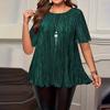 T Shirts For Women Pleated R-Neck Dressy Casual Blouses Printing Short Sleeve Summer Tops Loose Fit