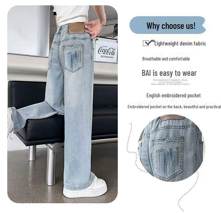 Girls' Medium-Large Tencel Denim Wide-Leg Summer Pants - Stylish & Slimming Long Pants