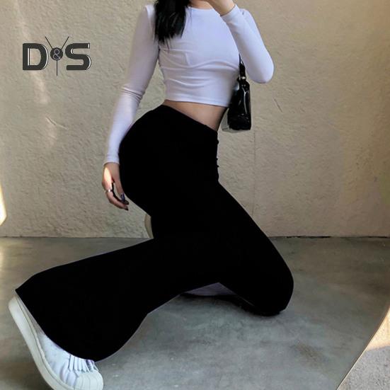 Women Flared Pants High Waist Striped Print Solid Color Casual Trousers Slim Fit Elastic Bottoming Slacks Daily Wear