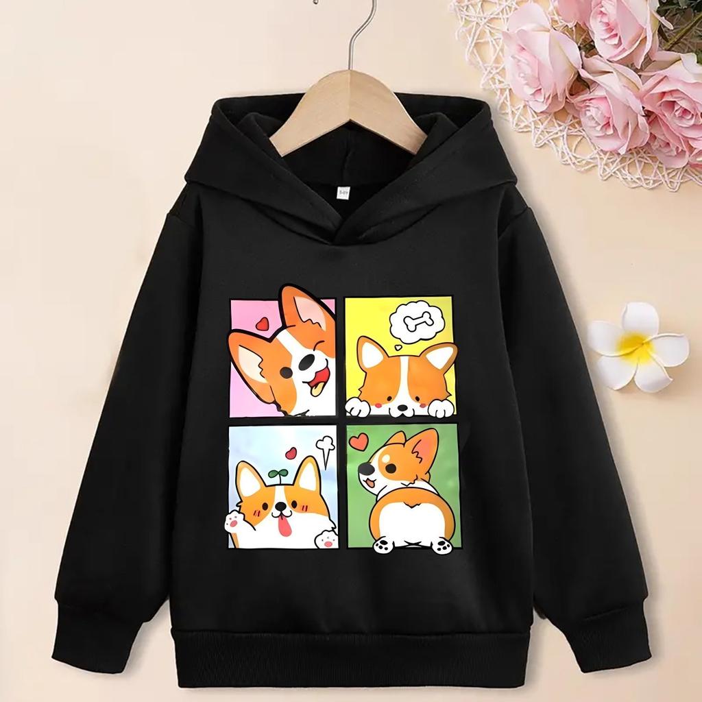 Autumn Kids Pullover Hoodie, Sweet Cartoon Corgi Puppy Four Grid Comic Print, Comfortable Material, Great Clothes for School And Outdoor Trips