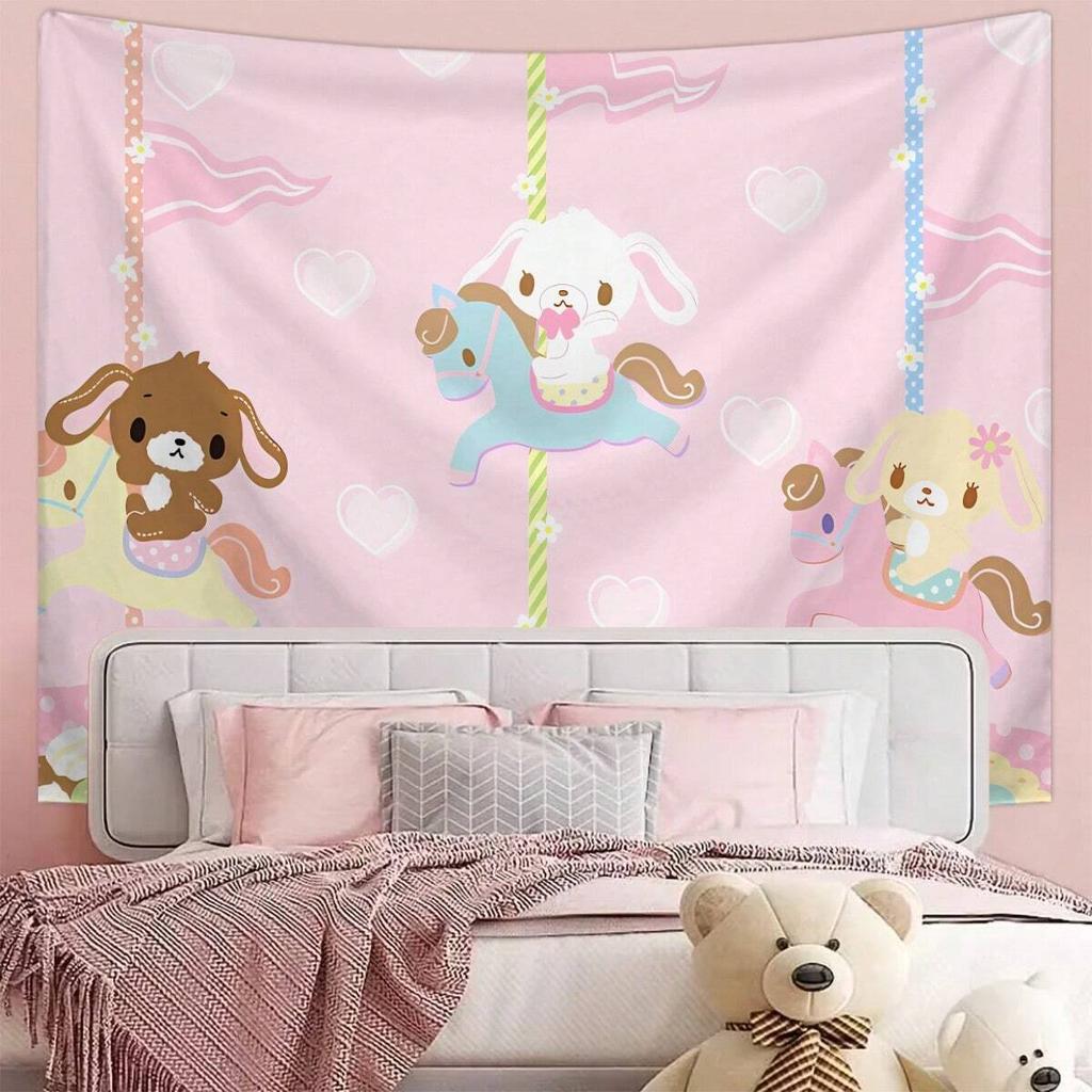 1Pc Kawaii Carousel Bunny Tapestry - Polyester 2D Print Pink Heart & Polka Dot Design, Perfect Wall Decor Gift For Bedroom, Livi
