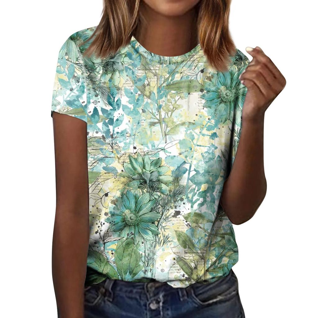 Damenmode, lässig, kurzärmelig, bedruckt, Rundhalsausschnitt, lockeres Pullover-Oberteil