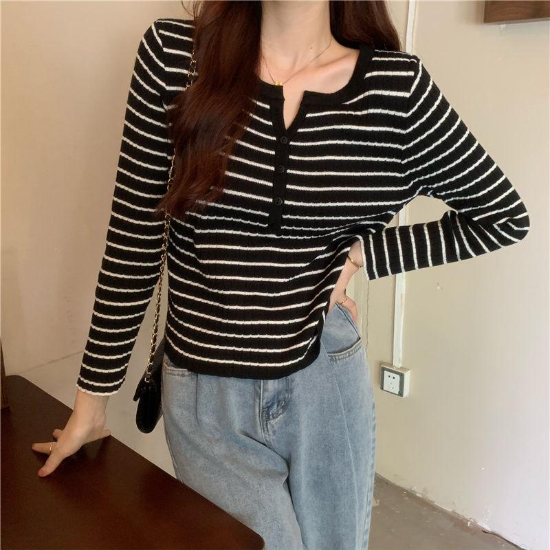 Versatile Striped Long Sleeve Knitwear Women's Early Autumn Winter Thin Loose Outerwear Base Layer Top