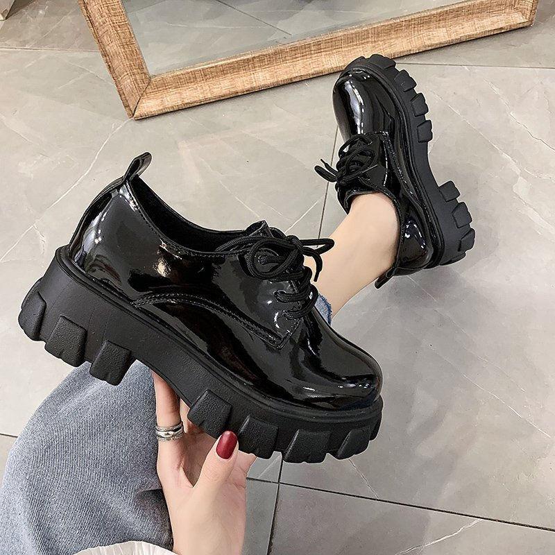 Fashion Plus Size Black Flatform Leather Loafers Women's Shoes Britchic Versatile Round Toe Loafers Lace Up Shoes