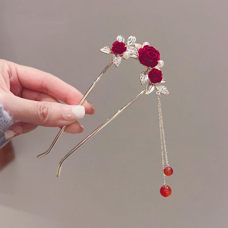 Antique Butterfly Flower Bamboo U-shaped Hairpin Super Fairy Retro Pearl Fringed Hairpin Hanfu Ancient Hairpin Accessories