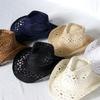 Cappello da cowboy moda traforato fatto a mano cappello di paglia da cowboy estivo da uomo per esterni viaggio cappello da spiaggia unisex colore solido cappello da cowboy western