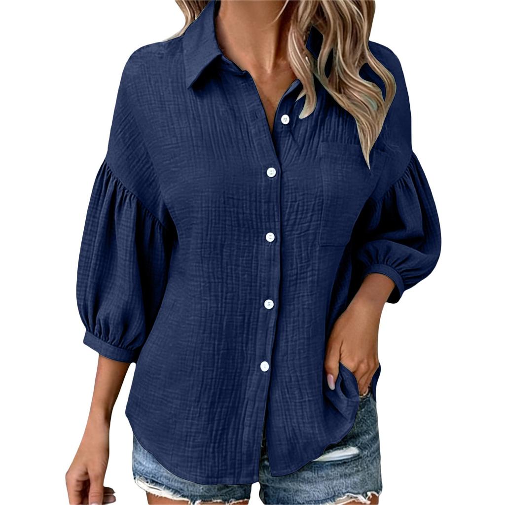 1116 Summer European Beautiful Women's Shirt Solid Color Casual Button-up Shirt Women's Breathable Short Sleeves