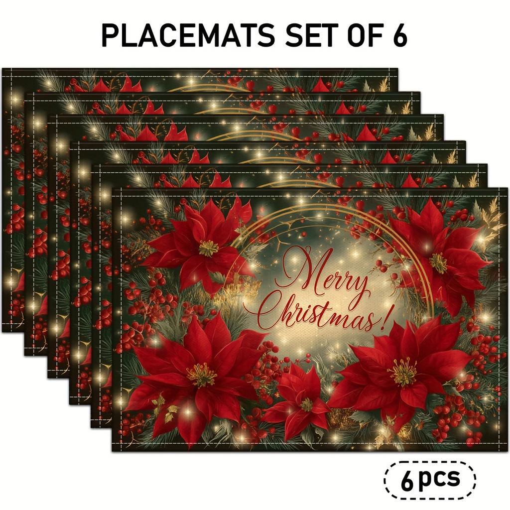 4/6pcs, Christmas Poinsettia Placemats, Merry Christmas with Red Berries and Green Pine Branches Linen Table Mats, Suitable for Holiday Kitchen Table