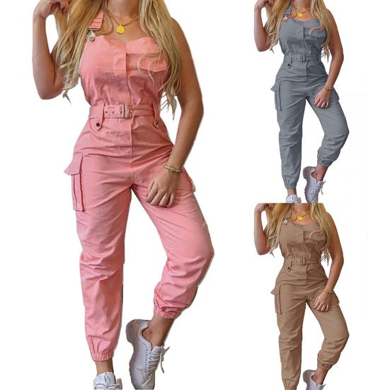 Women Fashion Sleeveless Pockets Blet Ankle Tied Long Pants Overall Jumpsuit