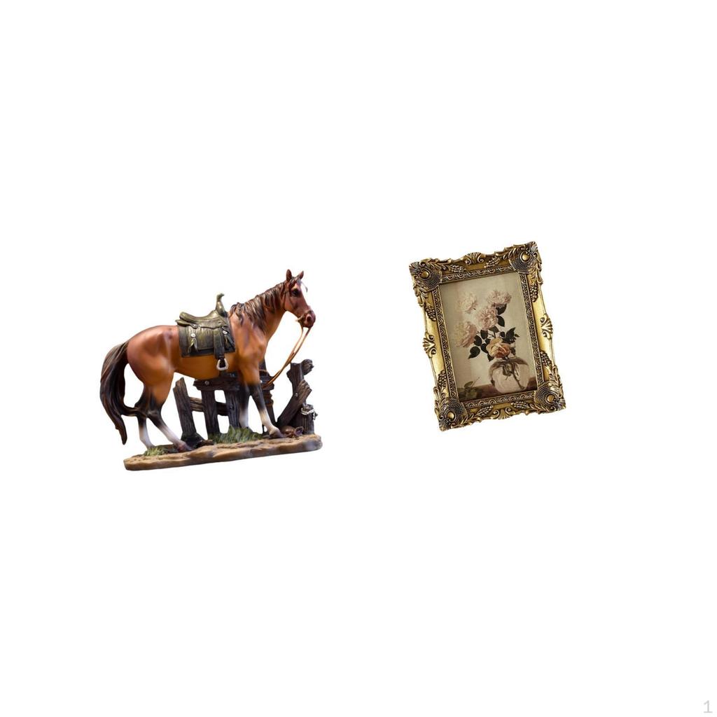 Equestrian Elegance Resin Sculpture And Vintage Photo Frame Collection for Office Decor