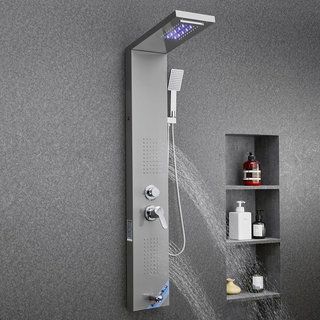 VEVOR Shower Panel Tower System with Rainfall Waterfall Shower Head, LED, 53 in Brushed Stainless Steel Shower Column, 5-Function Faucet
