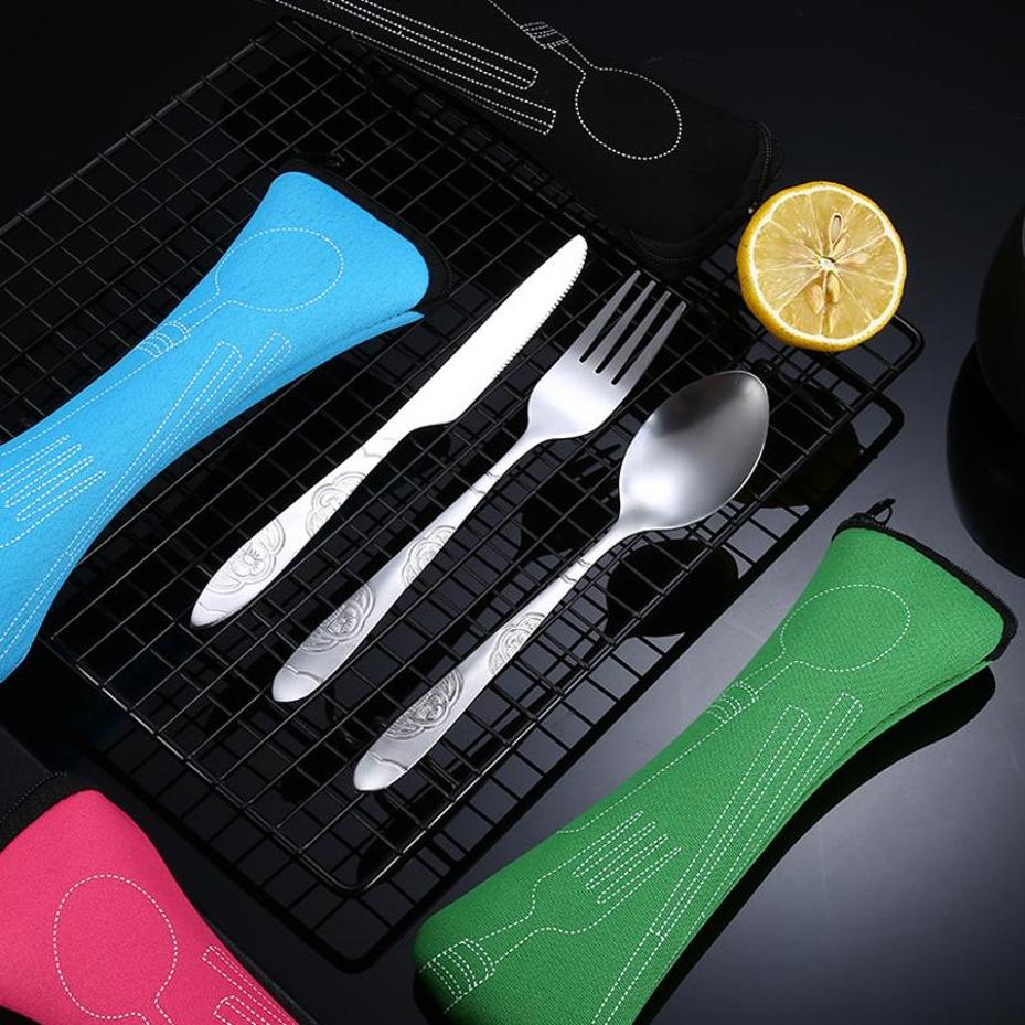 New 3 Pcs/set Dinnerware Portable Printed Stainless Steel Spoon Fork Steak Knife Set Travel Cutlery Tableware With Bag