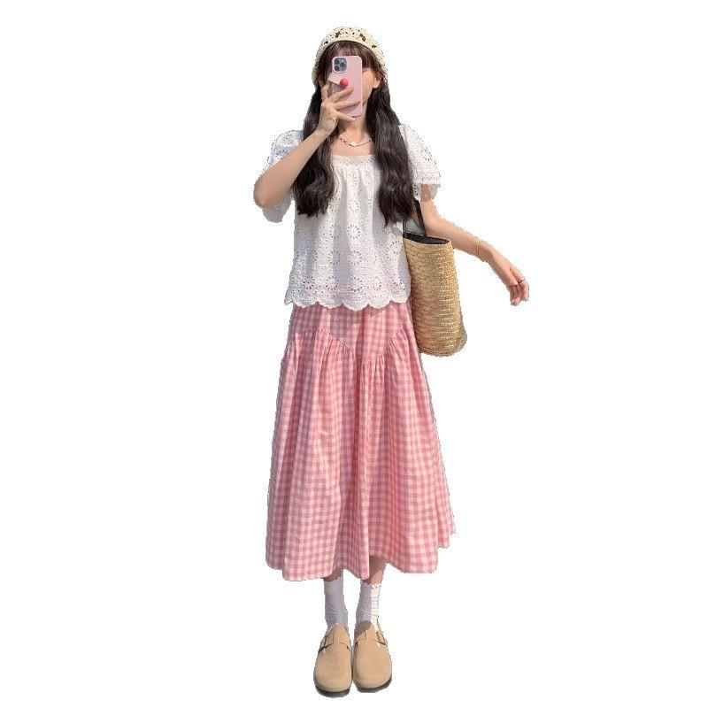 Japanese Blue Plaid Skirt for Women In Spring Small Mid-length Pleated Skirt High Waist Slim Big Hem Skirt