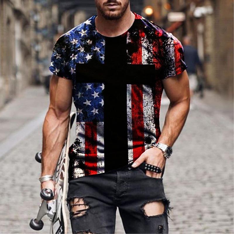 Men s 3D Printed T-Shirt Independence Day Cross Camouflage Print Short Sleeve O-Neck Pullover Casual Top S