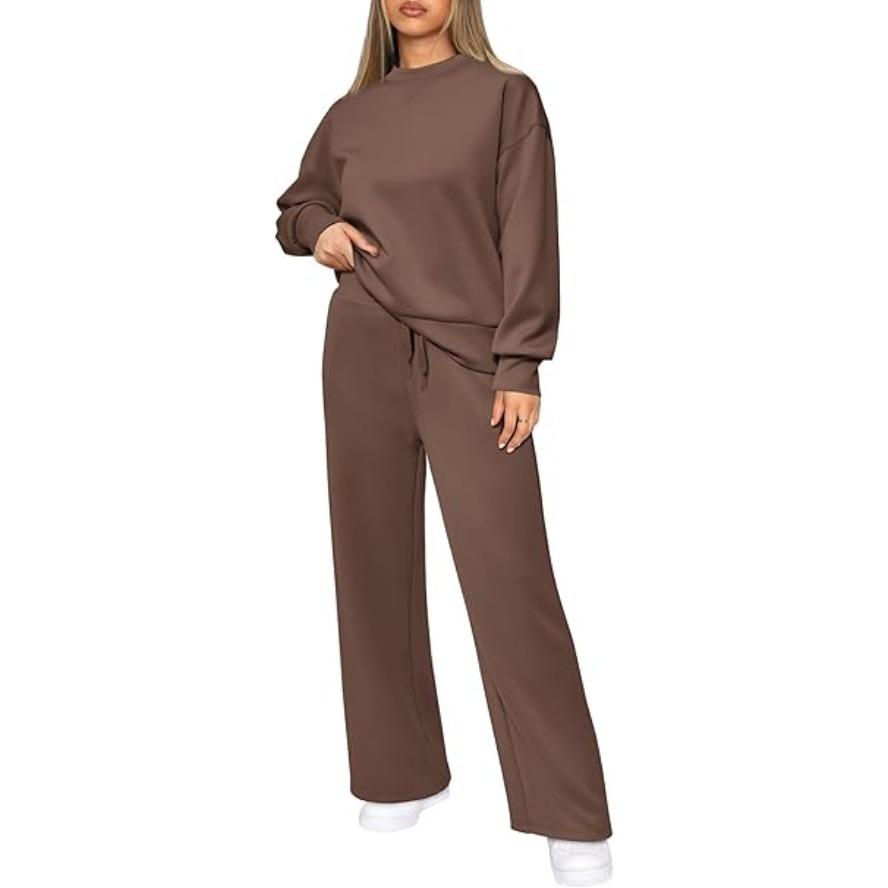 VEZFAA Damenmode Casual Frühling Herbst Einfarbig Druck Langarm O-Ausschnitt Hosen Hosen Anzüge
