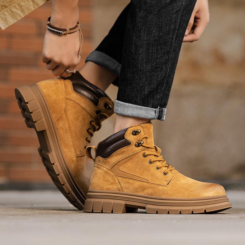Spring and Autumn Men's Round Toe Shoes Are Fashionable Cool Trendy Versatile High-quality Casual Leather Lace Up High Top Shoes