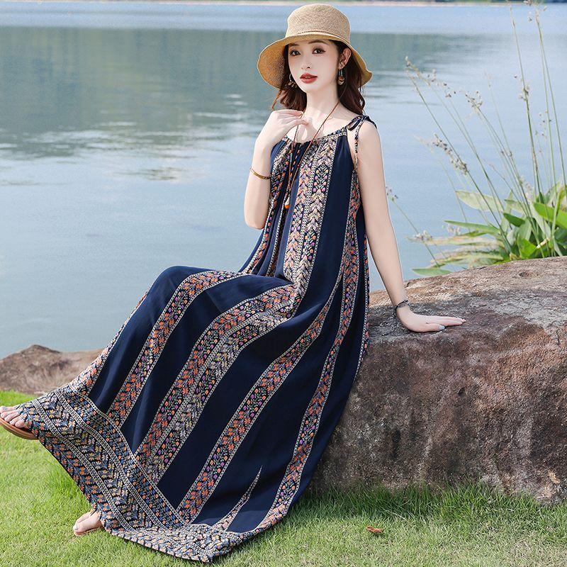 Fashion Floral Sleeveless Cotton Maxi Dress Summer Boho Style Casual Wear for Women