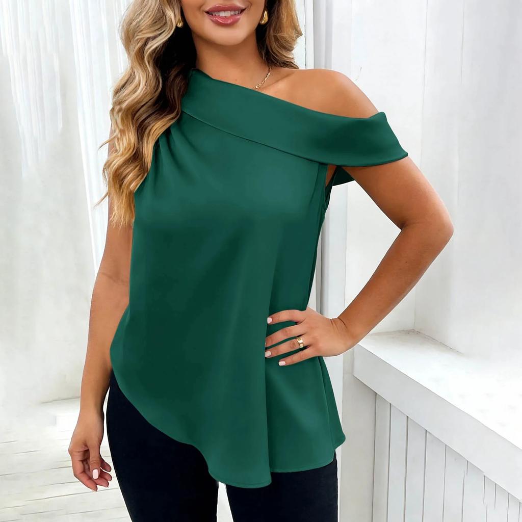 Women’s Fashionable Casual Plain Off-the-Shoulder Satin Sleeveless Asymmetrical Hem T-Shirt Top