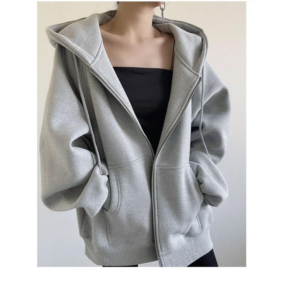 Women Loose Hooded Sweatshirt Jacket Fall Solid Zipper Long Sleeve Coat Oversize Vintage Hoodies Casual Wear