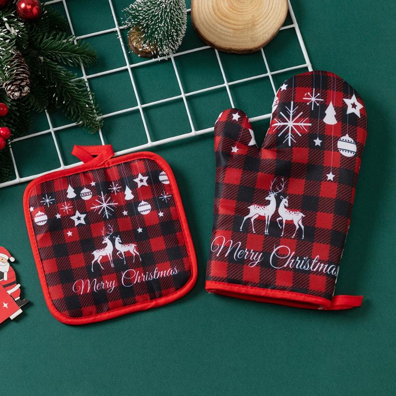 2PCS Christmas Oven Mitts and Pot Holders Set Heat Resistant Microwave Oven Gloves and Potholder for Kitchen Cooking Baking