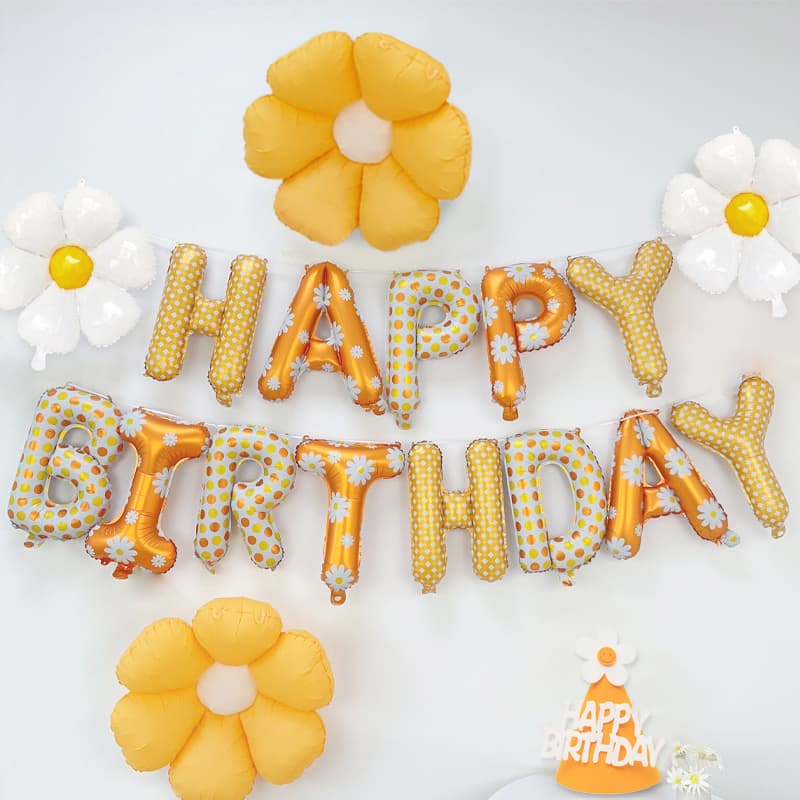 Daisy Flowers Happy Birthday Letter Balloon Flower Aluminum Foil Balloon with Birthday Hat Birthday Party Decoration Supplies
