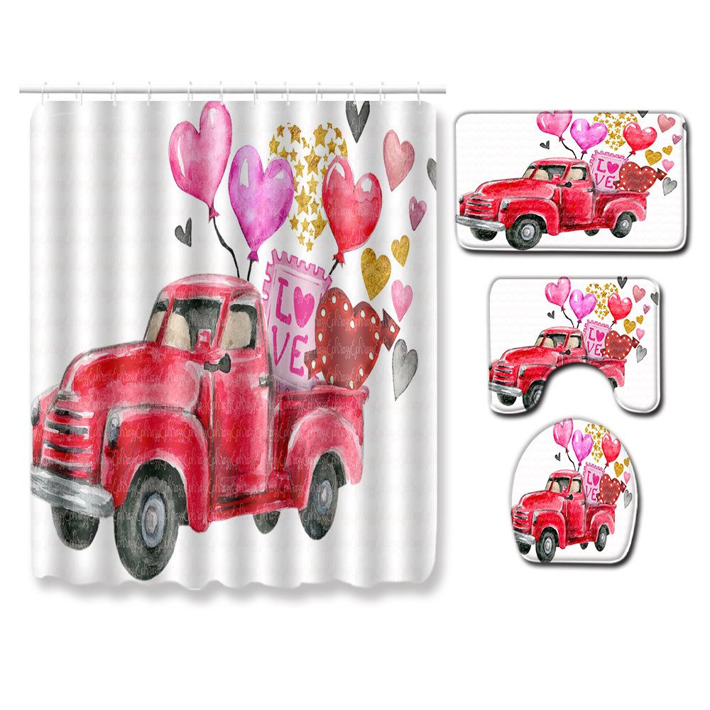 Valentine'S Day Toilet Shower Curtain Four-Piece Printed Floor Mat Set Bathroom Floor Mat Bedroom Absorbent Door Mat Carpet