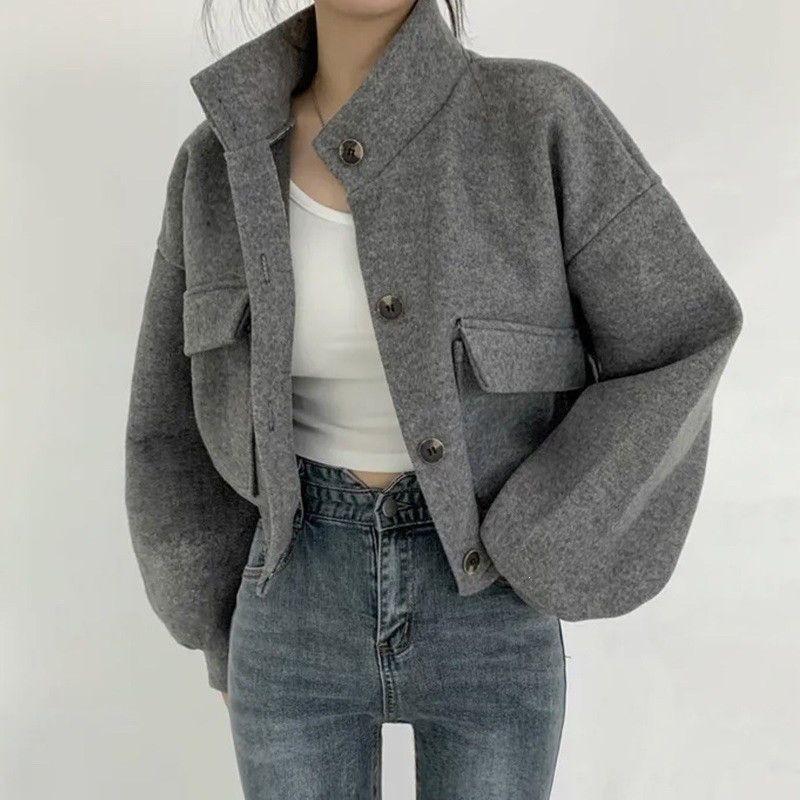 Short casual cool handsome stand-up collar casual woolen lazy woolen jacket women's niche loose new autumn and winter