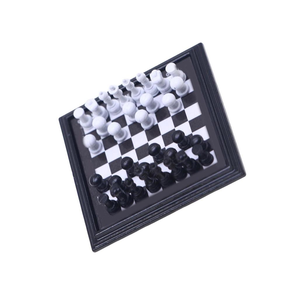Miniature Chess Set For Dollhouse Accessories And Tabletop Display With Metal Board And Pieces